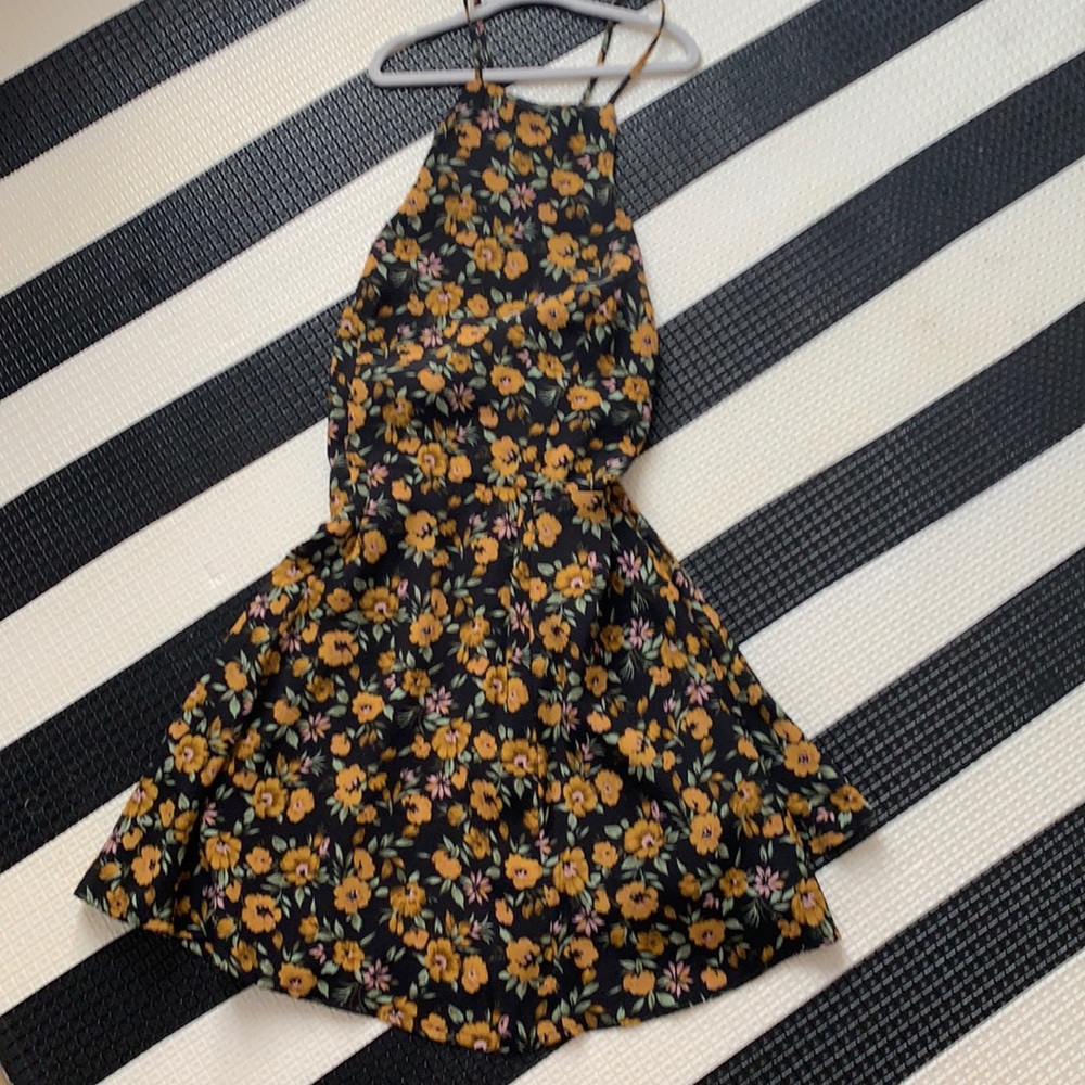 Nasty Gal Black Floral Halter Mini Dress with Mustard & Pink Flowers